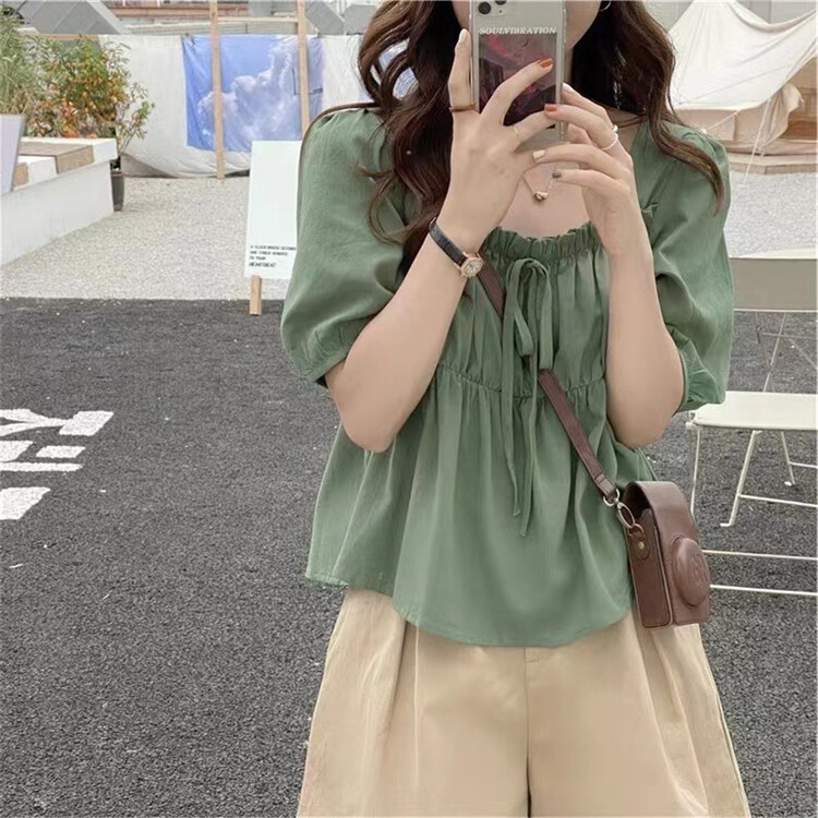 [purple potato family] temperament versatile Square Neck Lace Up Shirt 7718\hbx