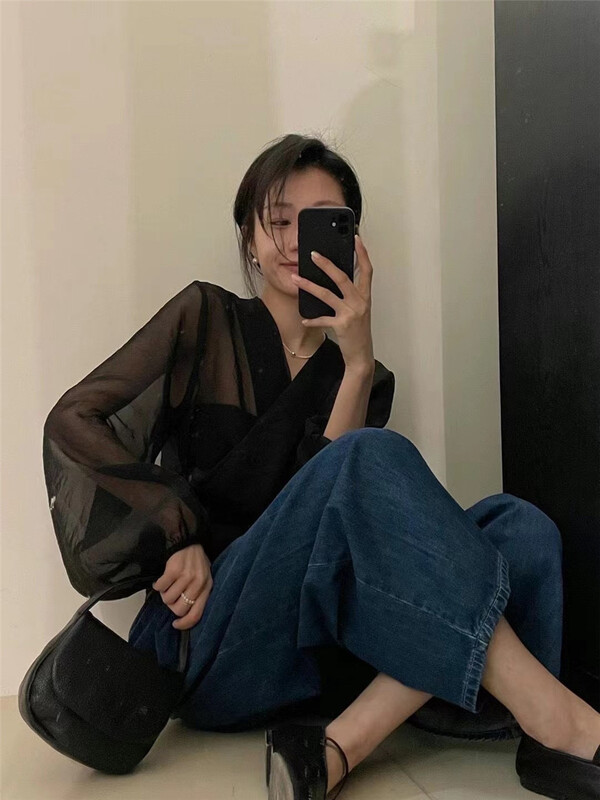[h-xl] V-neck lace up transparent long sleeve shirt 3602\ll