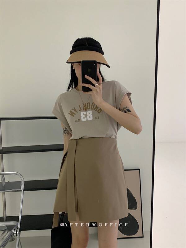 [after.90] round neck Pullover lettered printed short sleeve T-shirt + lady Skirt Set (T-shirt + skirt only) 9953\ll