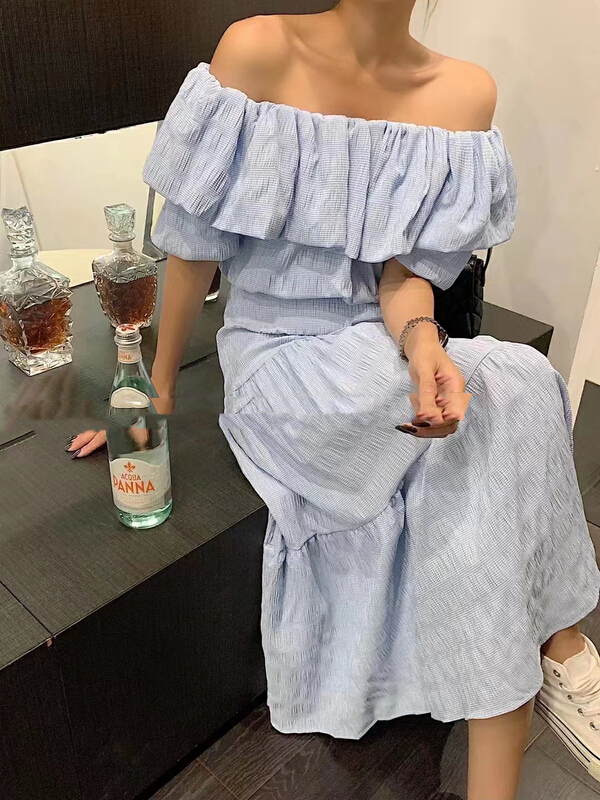 [lidada] bubble sleeve off shoulder shirt + high waist slim skirt suit 2242\hbx