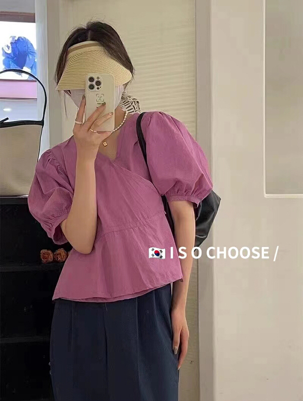 [ISO Korean] design side button V-neck short style slim and versatile shirt 3171\hjy