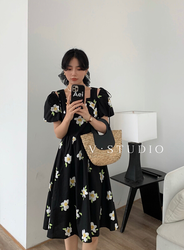 [v.studio] Korean printed square neck bubble sleeve waist dress 7966\zjy