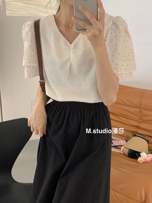 [MSTUDIO MANSA] V collar dotted sleeve shirt 6729\ll