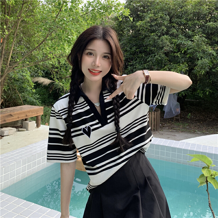 [y.jia EJA] simple love stripe knitted short sleeve shirt 251\pcz