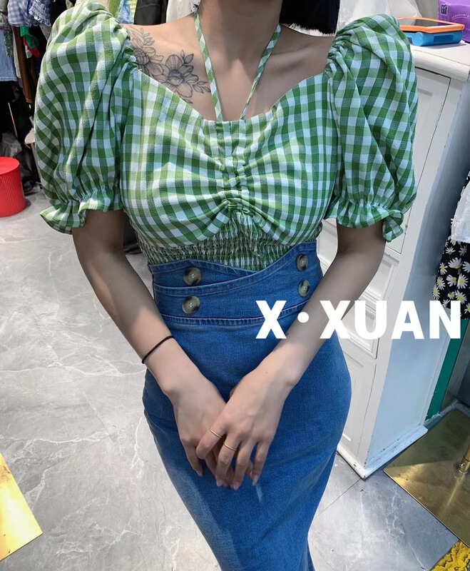 [x.xan] Plaid neck hanging bubble sleeve shirt 7131\pcz