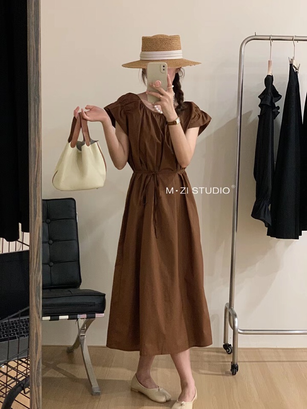 [m.zi studio] fresh and simple fly sleeve dress (with waist rope) 16162\hbx