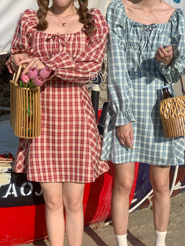 Original price 51.88! A new year in early spring! [best of you] fashion lady square neck Vintage Plaid Dress 6092\hbx