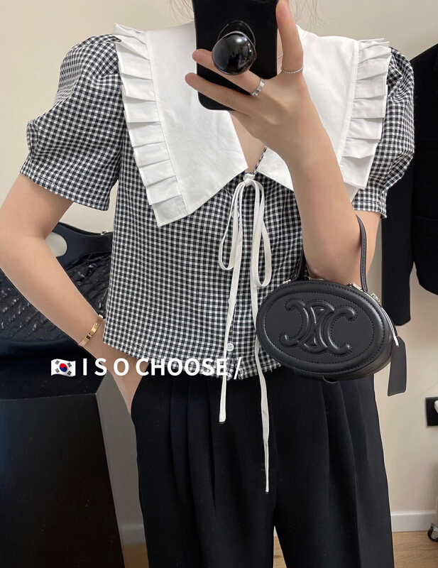 [ISO Korean] retro and versatile large lapel stitching wood ear lace up single breasted plaid shirt 3139\hjy