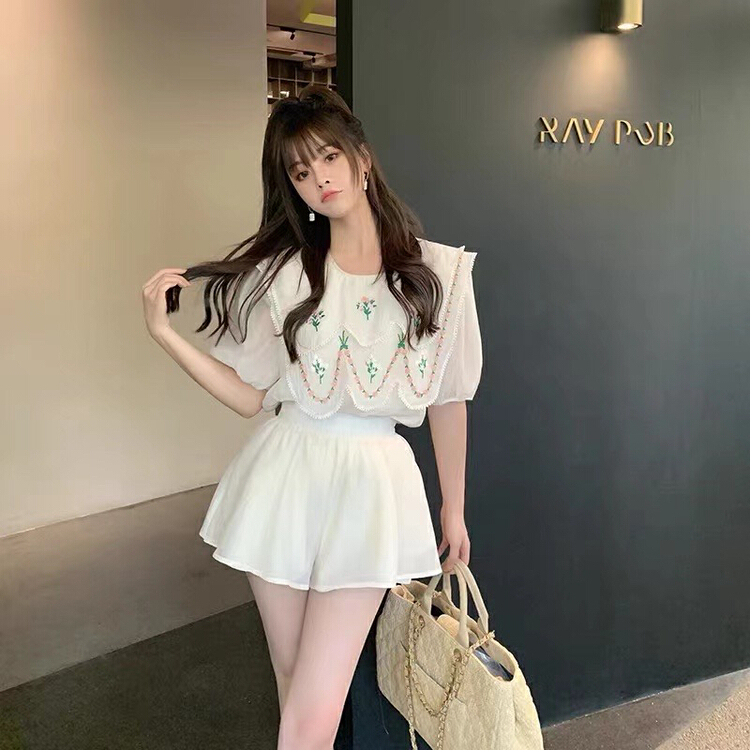 [M.H] Korean style versatile embroidered shirt + sweet casual Shorts Set 8453\pcz