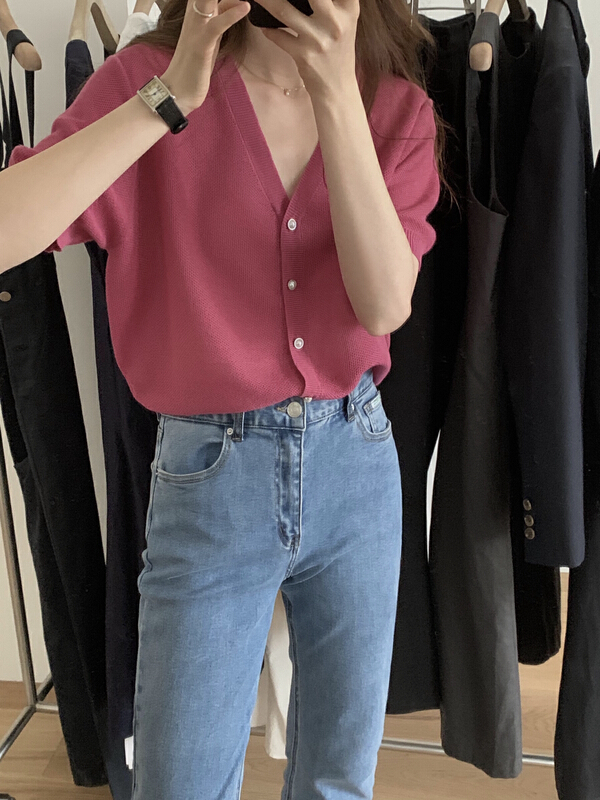 [T.G] Korean V-neck short sleeved knitted cardigan 17633\cls