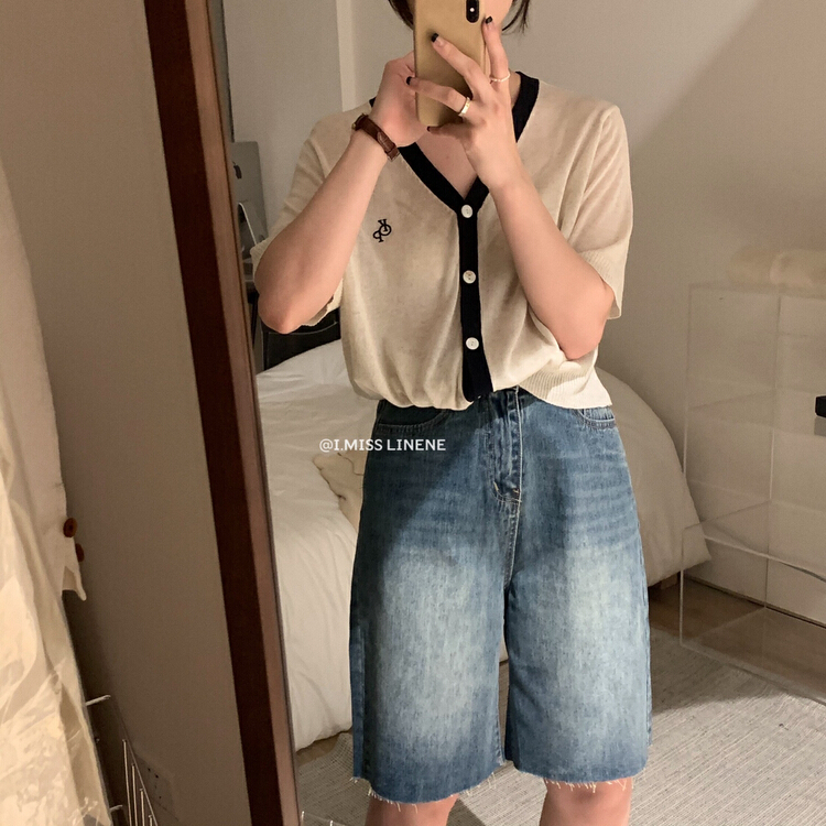[Imiss] Korean contrast V-neck versatile T-shirt cx0202\lsw