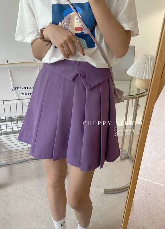 [cherry studio] fresh and simple breasted high waist versatile pleated skirt 5245\hbx