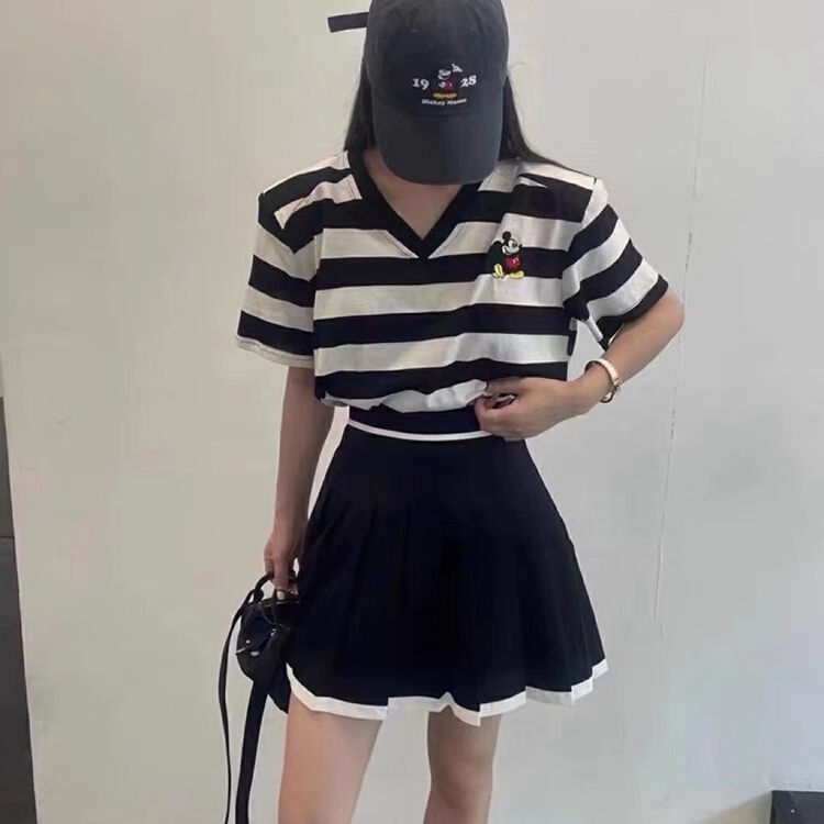 [w+] V-neck Pullover stripe short sleeve T-shirt 5007\wtt