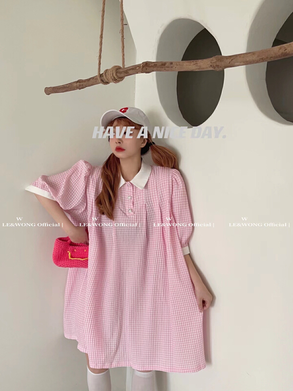 [le&wong] sweet lattice girl polo collar dress 9086\wtt