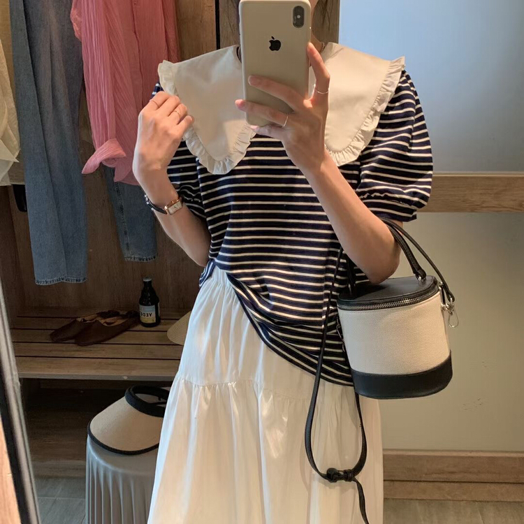 [larti] doll neck stripe Korean Short Sleeve T-shirt c8562-1\ll
