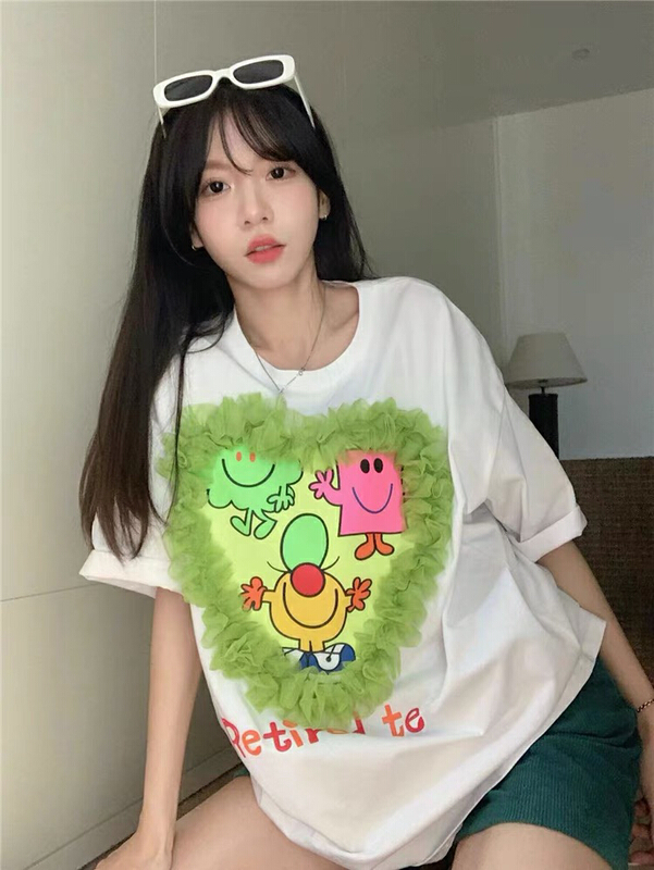 [Yuanxi · elements] loose love lace letter printed short sleeve T-shirt 1949\wtt