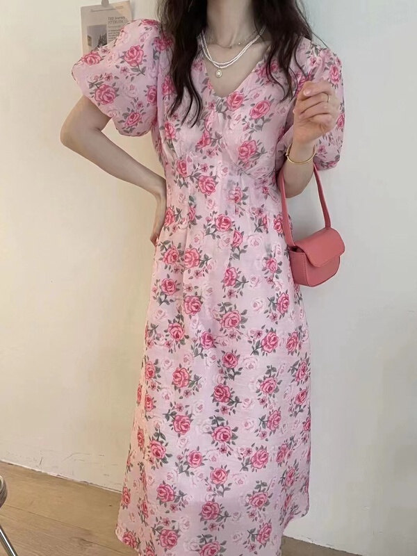[December] Han Shu romantic printed V-neck dress ys1-1370\hjy