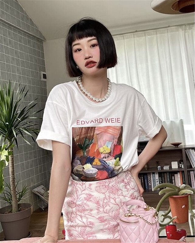 【E】 Casual simple loose print short sleeve T-shirt j058\y