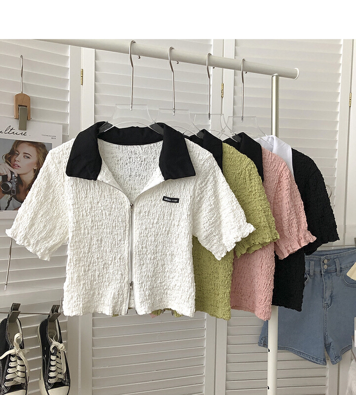[Gangan] color blocked wrinkled Lapel double zipper short sleeve letter sticker western style shirt 2227\cl