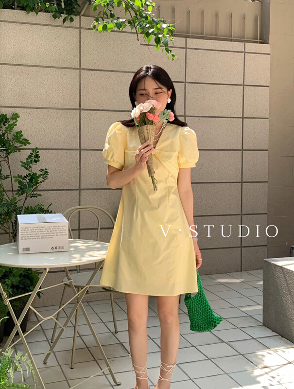 [v.studio] waist closing bubble sleeve simple dress 5255\zjy