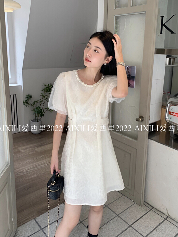 [aixili aixili] sweet pearl round neck bubble sleeve dress 6586\wpl
