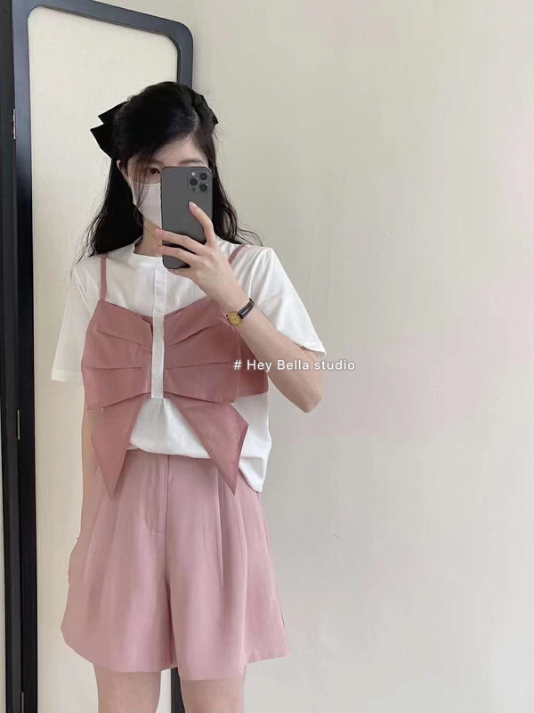 [hey Bella] round neck splicing fashion short sleeve T-shirt 1385\ll