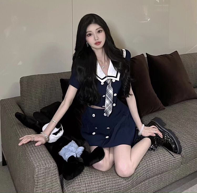 [Hello Miss] Korean college style blouse + pleated high waist skirt suit (with tie) 81127\pcz