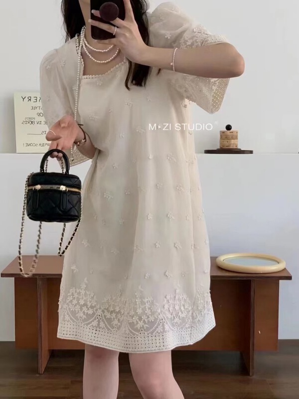 [m.zi studio] French retro jacquard design square neck dress 16123\hbx