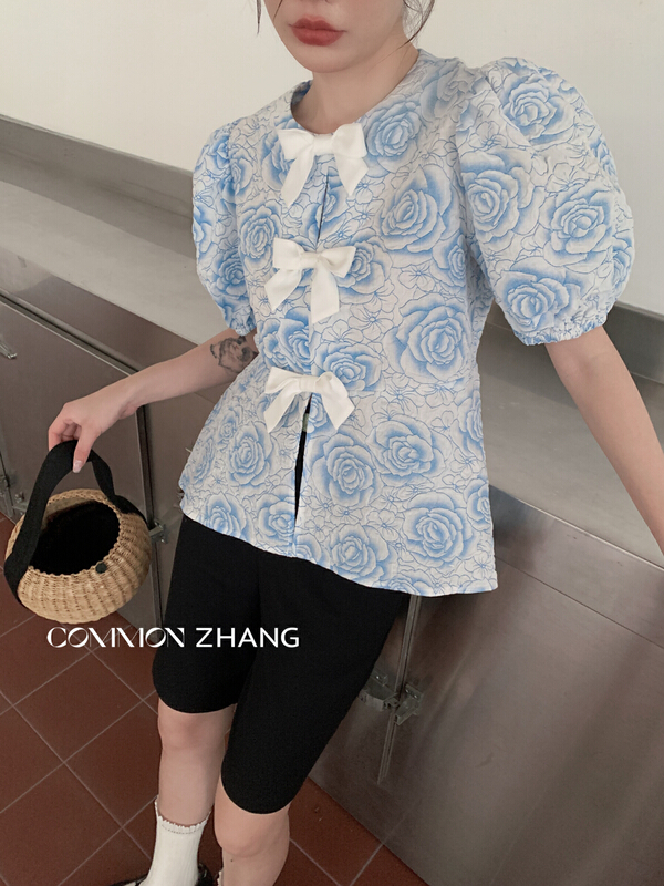 [CZ Zhang] niche bubble sleeve bow jacquard shirt 62510-1\jhy