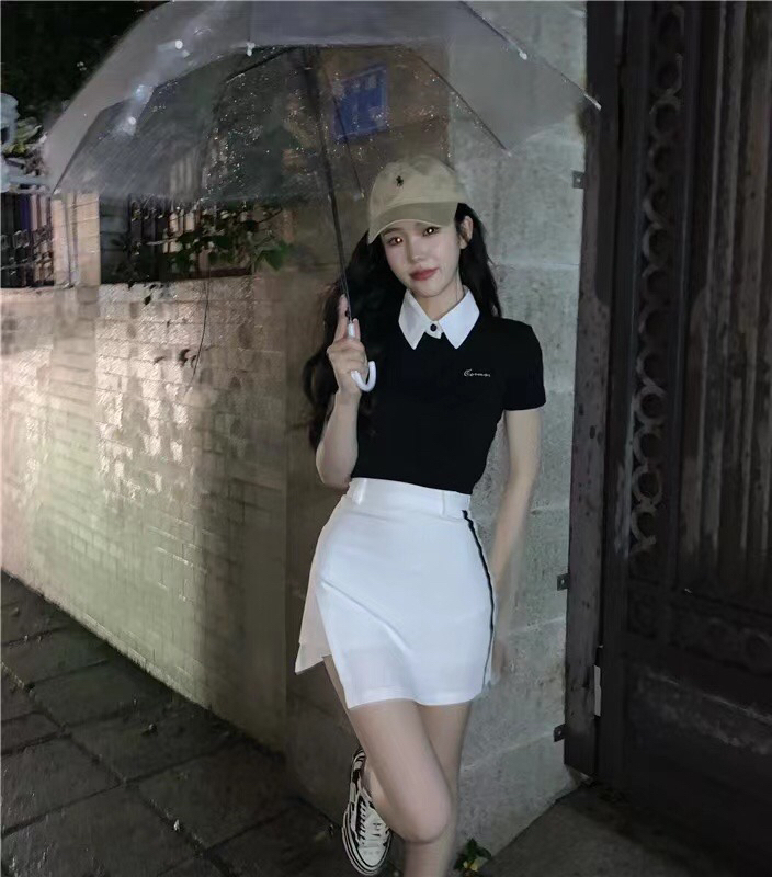 [Hello Miss] contrast polo collar short sleeve T-shirt + fashion high waist skirt set 8603\pcz