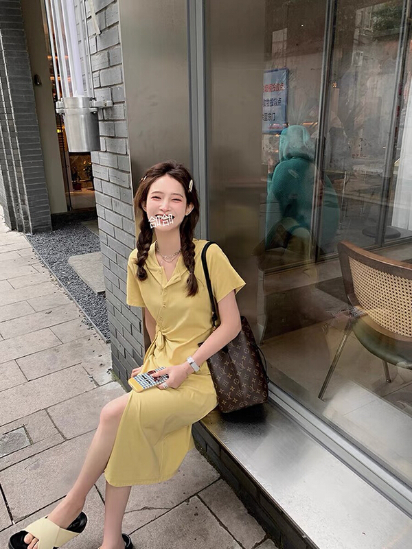 [jun.t] waist closed niche design high sense slim slit dress 6111\pcz