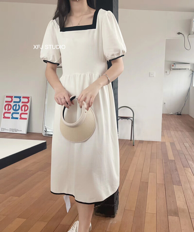 [Xiaofan's home] fresh and simple square neck color contrast edge medium long sweet bubble sleeve dress (with waist rope) 6207\lsw