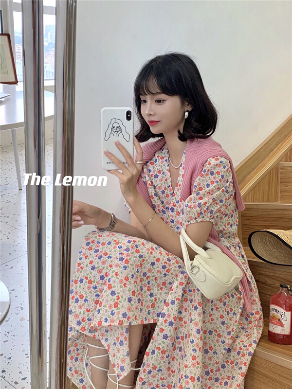 [lemon green tea] Korean V-neck floral dress 2197\hjy