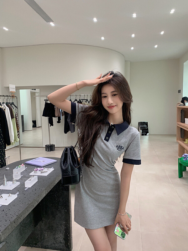 [wgwe] design sense niche polo collar pure desire Spice Girl Hong Kong chic casual t dress 1886\pcz