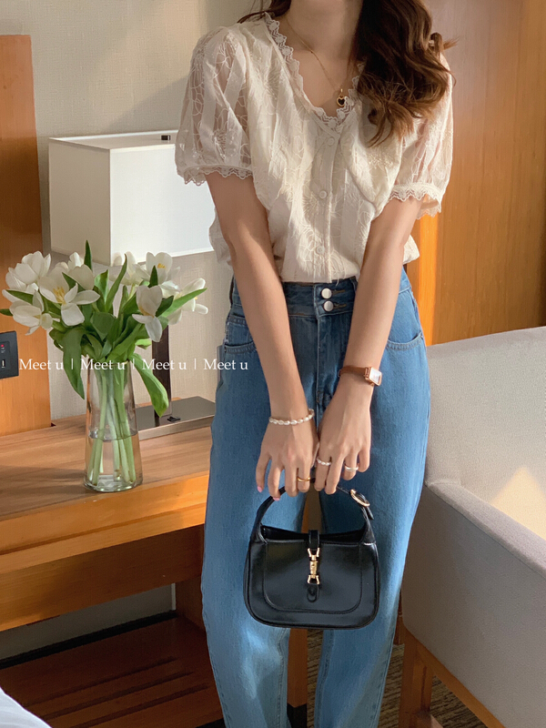 [meetu] temperament lace edge V-neck shirt 22320\hbx