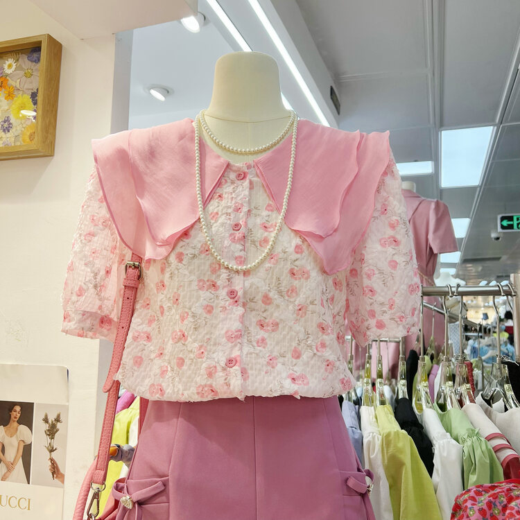 [ya.mei] color blocked lotus leaf collar floral loose shirt 4766\ll