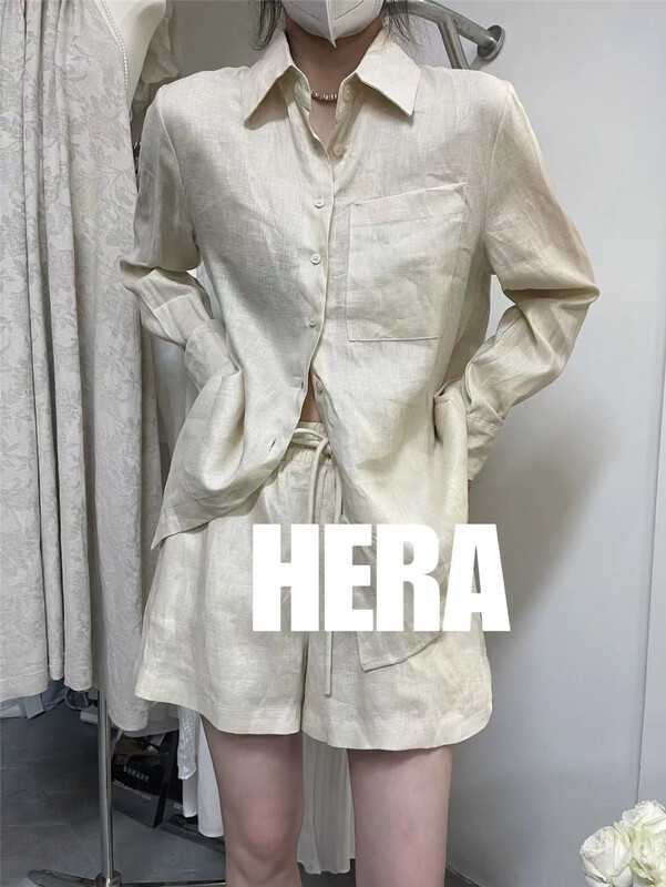 [Hera] single breasted comfortable shirt + elastic waist drawstring casual Shorts Set 22197\l