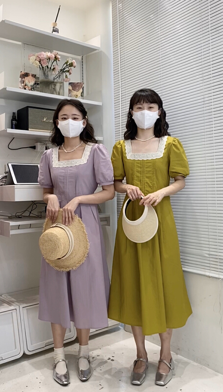 [c.hfeiyang] square neck Plaid bubble sleeve dress 6851\hbx