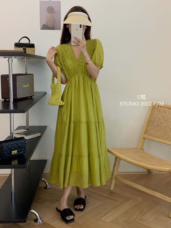 [U grain] new summer style! New V-neck heavy industry tie dyed dress 5987\hbx