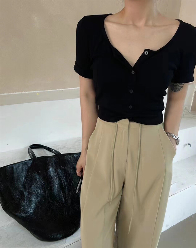 [semi vegetarian] Korean style round neck button up short shirt ys1-805\zjy