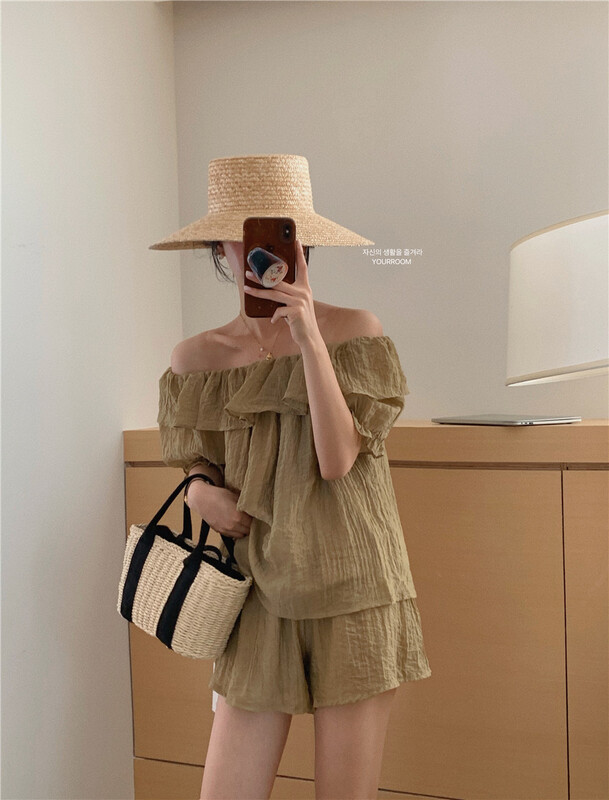 [your room] ruffled off-line collar small shirt + casual Shorts Set ys1-015\zxx