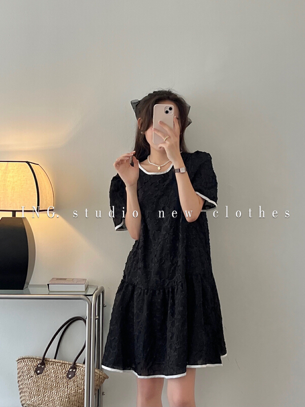 [ing] soft color contrast 3D lace Jacquard Dress 7878