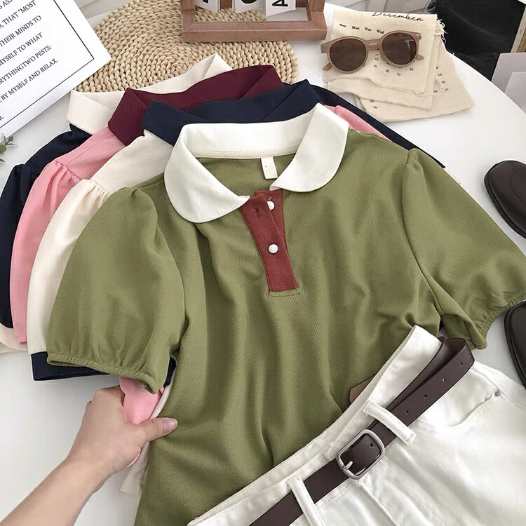 [Gangan] color blocked Lapel single breasted short sleeve T-shirt 2251\cl