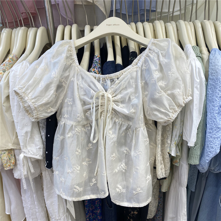 [sugar offices] V-neck embroidery age reducing lace up blouse 1216\hbx