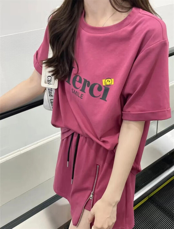 [CCJ] Korean alphabet printed short sleeve T-shirt + high waist slim Shorts Set 8197\hjy