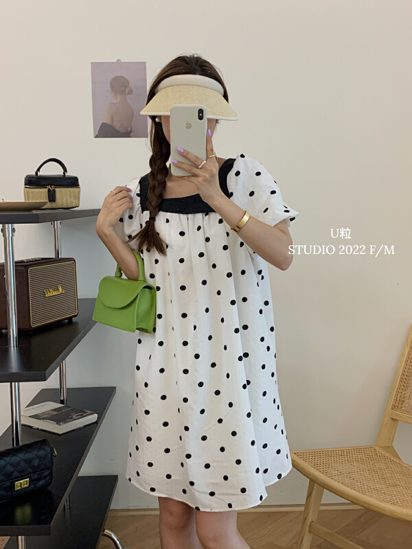 [U grain] French retro wave dot loose bubble sleeve dress (with waist rope) 5988\hbx