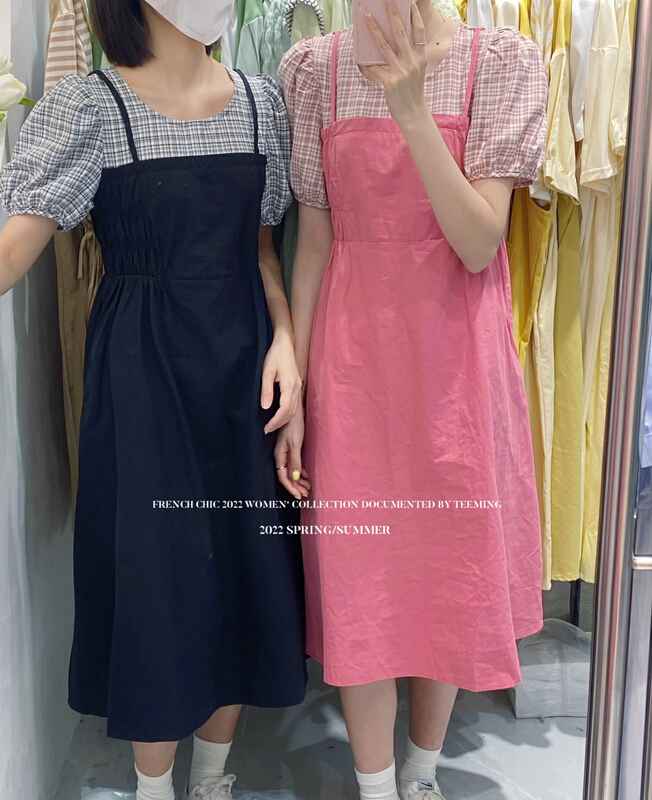 [teem ing] ins fake two piece Plaid bubble sleeve dress 22t339\hjy