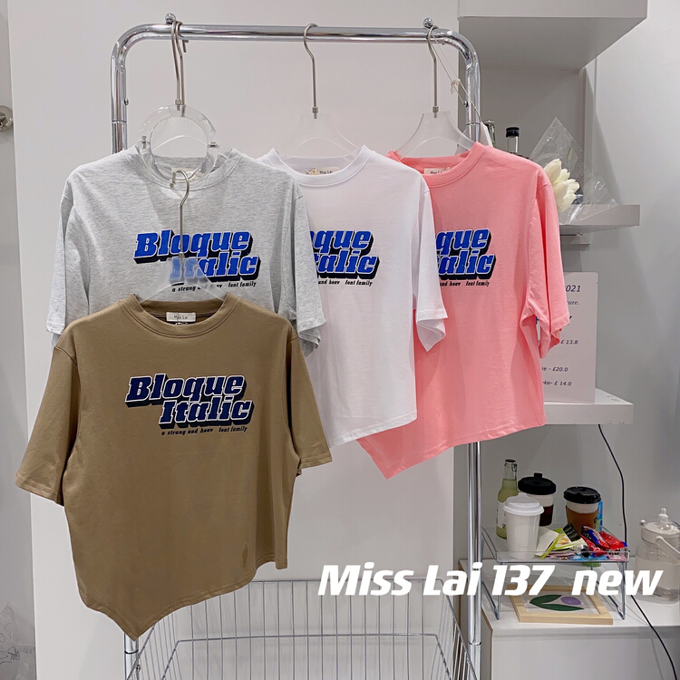 [HH &miss Lai] simple letter printing comfortable irregular round neck short sleeve T-shirt 137\l