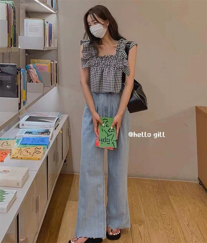 [gill] square neck Feifei Sleeve Plaid short shirt 7052\zjy