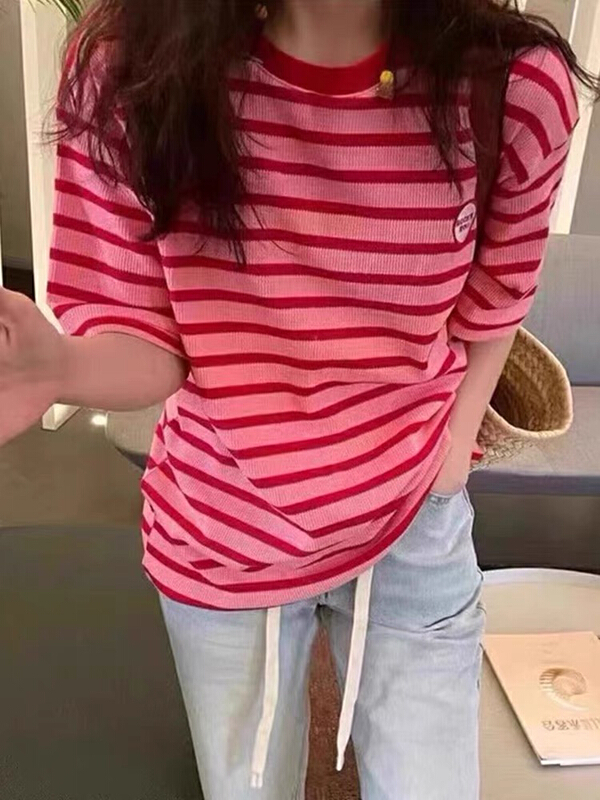 [huole] simple stripe ins crew neck embroidered letter T-shirt 701\wtt